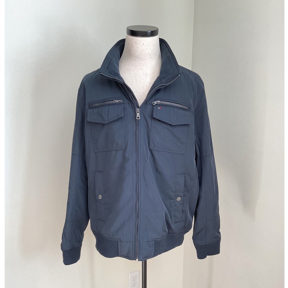 Tommy Hilfiger Jacket XL Mens Full Zip Bomber Blue Collared Hidden Hood